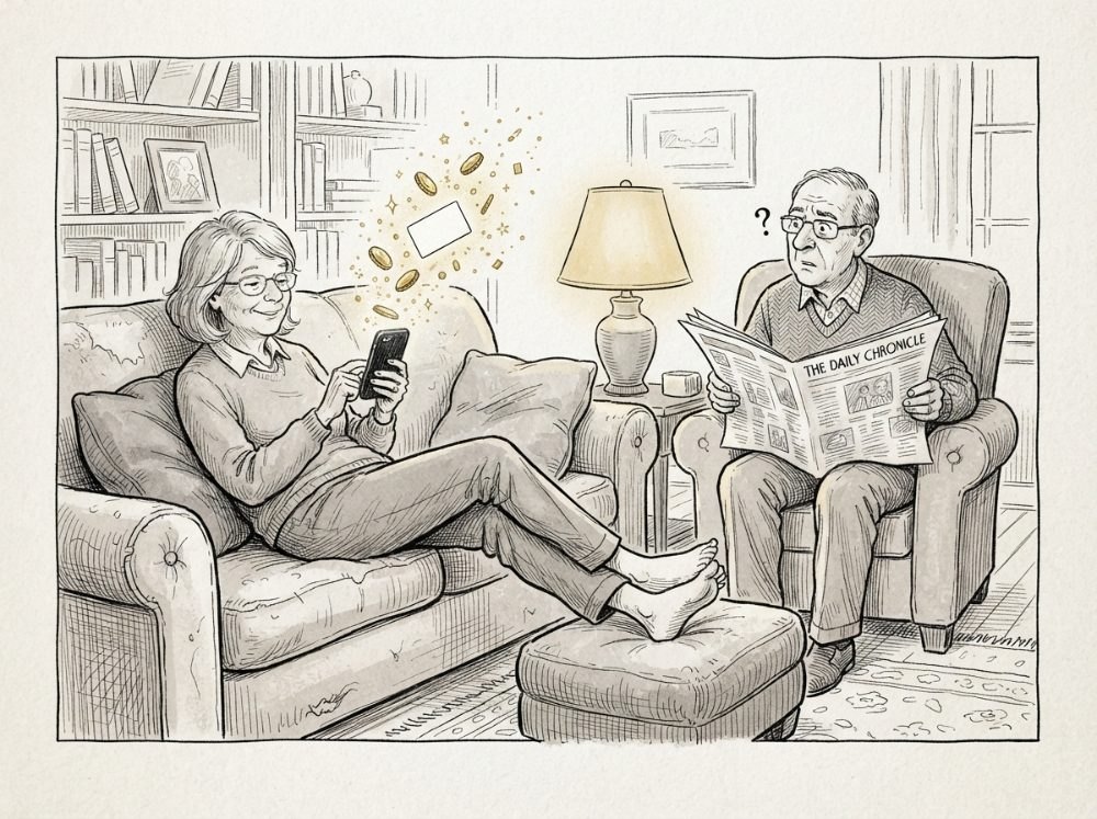 Ink cartoon of a woman relaxing with her phone while her husband looks over his newspaper, puzzled